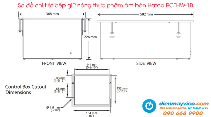 Sơ đồ chi tiết của bếp giữ nóng thực phẩm bằng hơi nước âm bàn Hatco RCTHW-1B