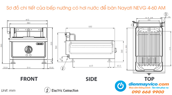 Sơ đồ chi tiết của bếp nướng có hơi nước Nayati NEVG 4-60 AM dùng điện