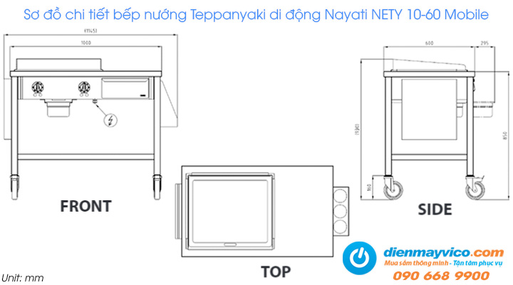 Sơ đồ chi tiết của bếp nướng Teppanyaki di động Nayati NETY 10-60 Mobile dùng điện