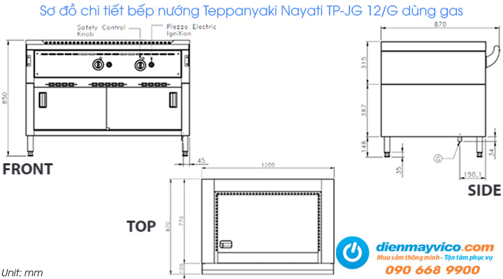 Sơ đồ chi tiết của bếp nướng Teppanyaki Nayati TP-JG 12/G dùng gas