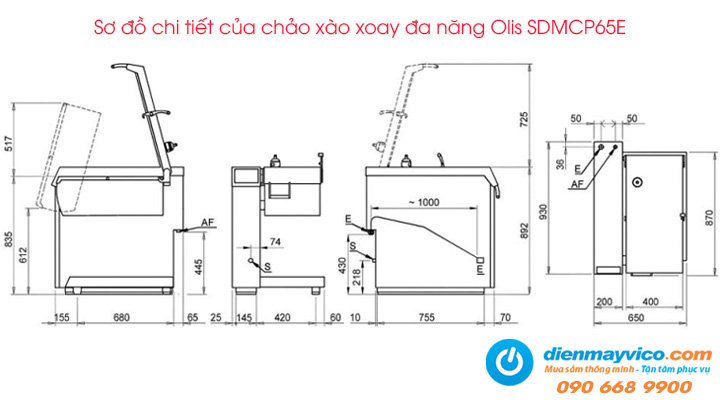 Sơ đồ chi tiết của chảo xào xoay đa năng Olis SDMCP65E