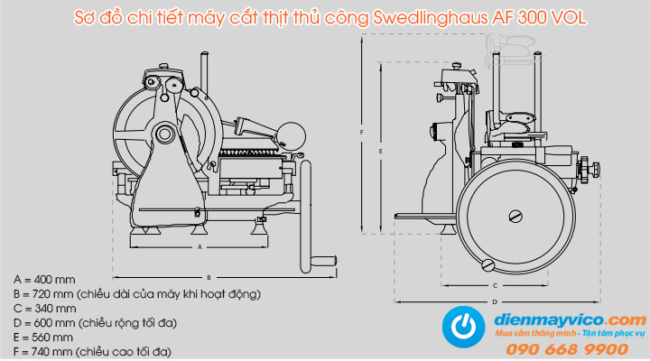 Sơ đồ chi tiết của máy cắt thịt thủ công Swedlinghaus AF 300 VOL