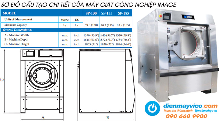 Sơ đồ chi tiết của máy giặt công nghiệp Image SP-185 83.9kg