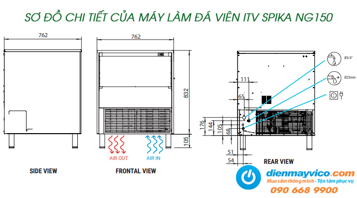 Sơ đồ chi tiết của máy làm đá viên ITV SPIKA NG150 Gas R290 145 kg/ngày