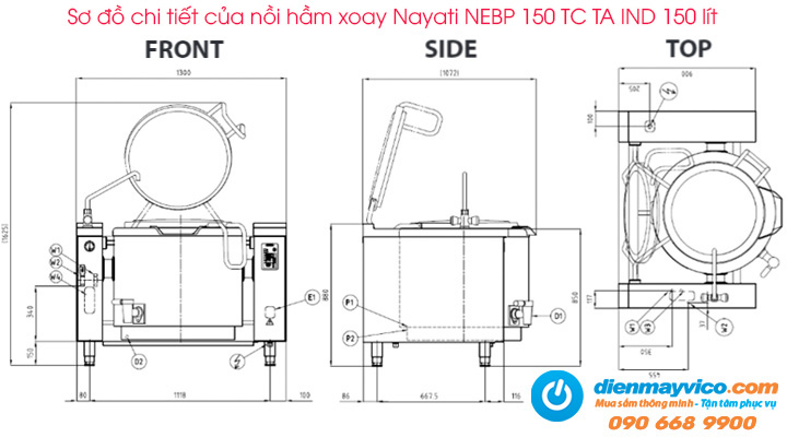 Sơ đồ chi tiết của nồi hầm xoay Nayati NEBP 150 TC TA IND 150 lít