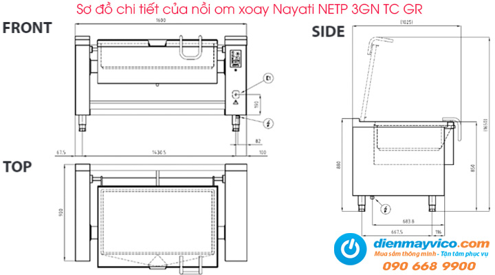 Sơ đồ chi tiết của nồi om xoay Nayati NETP 3GN TC GR 105 lít