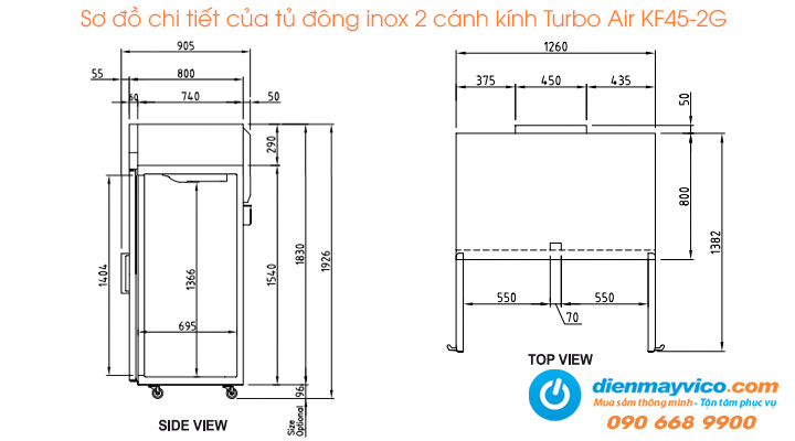 Sơ đồ chi tiết của tủ đông inox 2 cánh kính Turbo Air KF45-2G