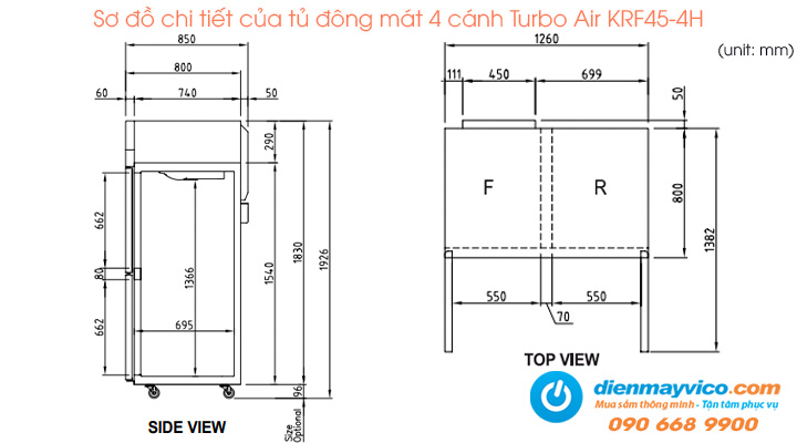 Sơ đồ chi tiết của tủ đông mát 4 cánh Turbo Air KRF45-4H