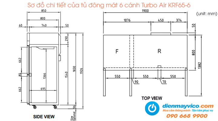 Sơ đồ chi tiết của tủ đông mát 6 cánh Turbo Air KRF65-6