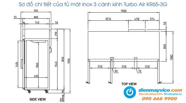 Sơ đồ chi tiết của tủ mát inox 3 cánh kính Turbo Air KR65-3G