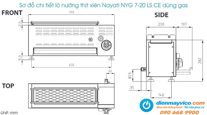 Sơ đồ chi tiết của lò nướng thịt xiên Nayati NYG 7-20 LS CE dùng gas