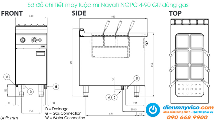 Sơ đồ chi tiết của máy luộc mì Nayati NGPC 4-90 GR dùng gas