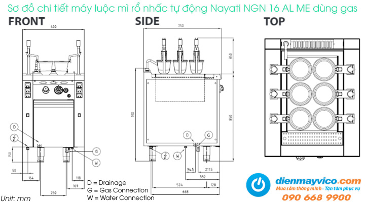 Sơ đồ chi tiết của máy luộc mì rổ nhấc tự động Nayati NGN 16 AL ME dùng gas