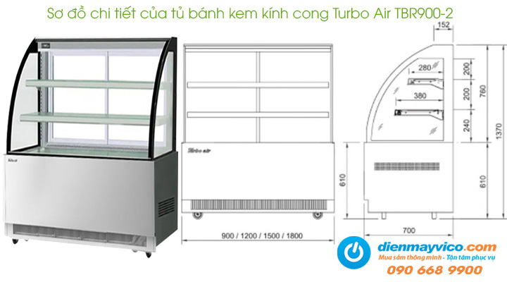Sơ đồ chi tiết của tủ bánh kem kính cong Turbo Air TBR900-2 0.9m