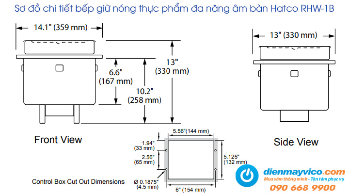 Sơ đồ chi tiết của bếp giữ nóng thực phẩm đa năng âm bàn Hatco RHW-1B