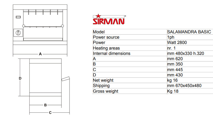 Thông số Bếp nướng Sirman Salamandra Basic