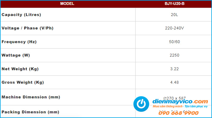 Thông số Bình đun nước dùng điện Berjaya BJY-U20-B