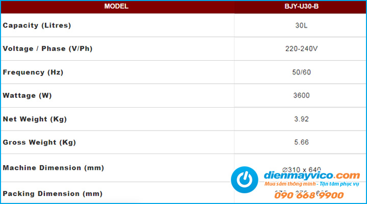 Thông số Bình đun nước dùng điện Berjaya BJY-U30-B 30 Lít