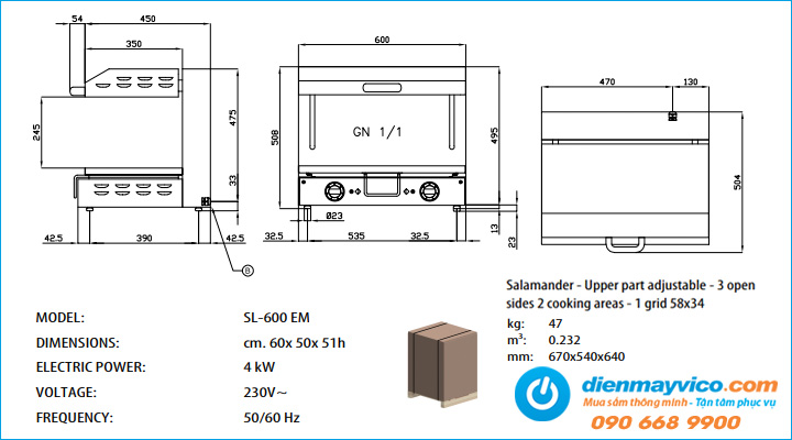 Thông số kỹ thuật Lò nướng Salamander dùng điện Lotus SL-600EM