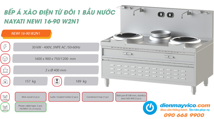 Tổng quan về bếp Á xào điện từ đôi 1 bầu nước Nayati NEWI 16-90 W2N1