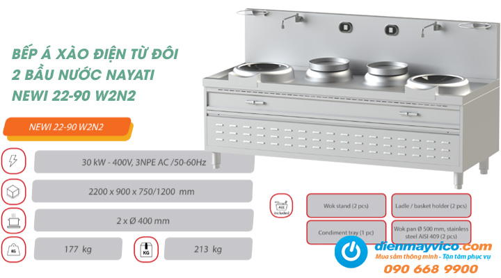 Tổng quan bếp Á xào điện từ đôi 2 bầu nước Nayati NEWI 22-90 W2N2