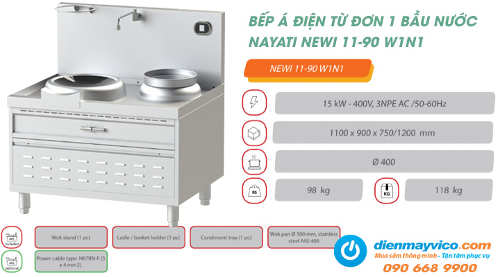 Tổng quan về bếp Á xào điện từ đơn 1 bầu nước Nayati NEWI 11-90 W1N1