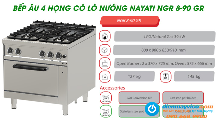 Tổng quan về bếp Âu 4 họng có lò nướng Nayati NGR 8-90 GR
