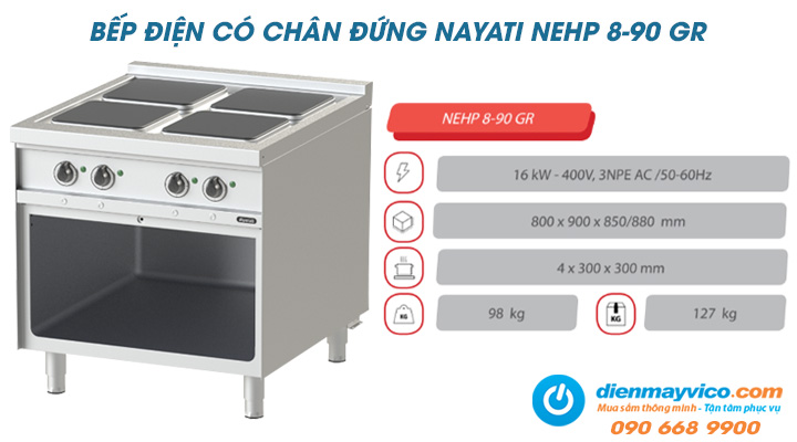 Bếp điện có chân đứng Nayati NEHP 8-90 GR trang bị hệ thống gia nhiệt hiện đại và an toàn