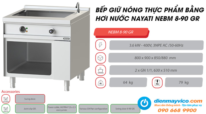 Bếp giữ nóng thực phẩm bằng hơi nước Nayati NEBM 8-90 GR trang bị hệ thống gia nhiệt hiện đại và an toàn